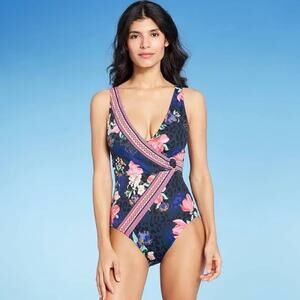 NWT AQUA GREEN Women's Floral Wrap Front‎ One Piece Swimsuit Size Small